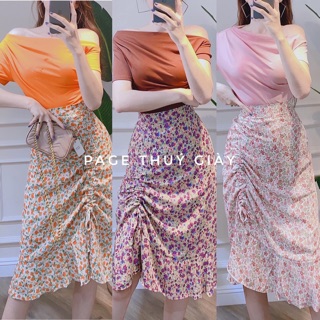 Set áo thun lệch vai chân váy hoa
