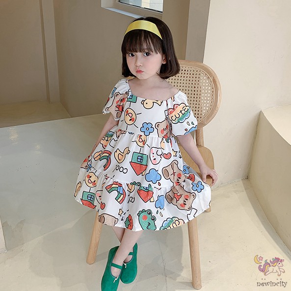 Đầm Tay Phồng Cổ Vuông In Họa Tiết Hoạt Hình Graffiti Phong Cách Hàn Quốc Cho Bé Gái