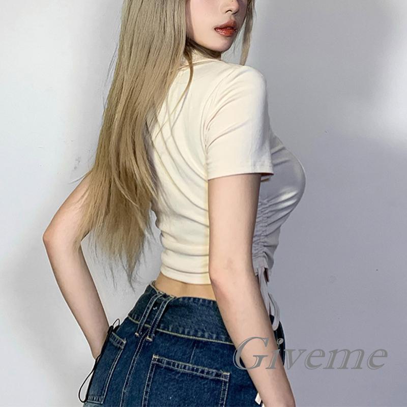Áo Thun Croptop Cổ Bẻ Tay Ngắn Thêu Chữ Phối Dây Rút Thời Trang Mùa Hè Cho Nữ