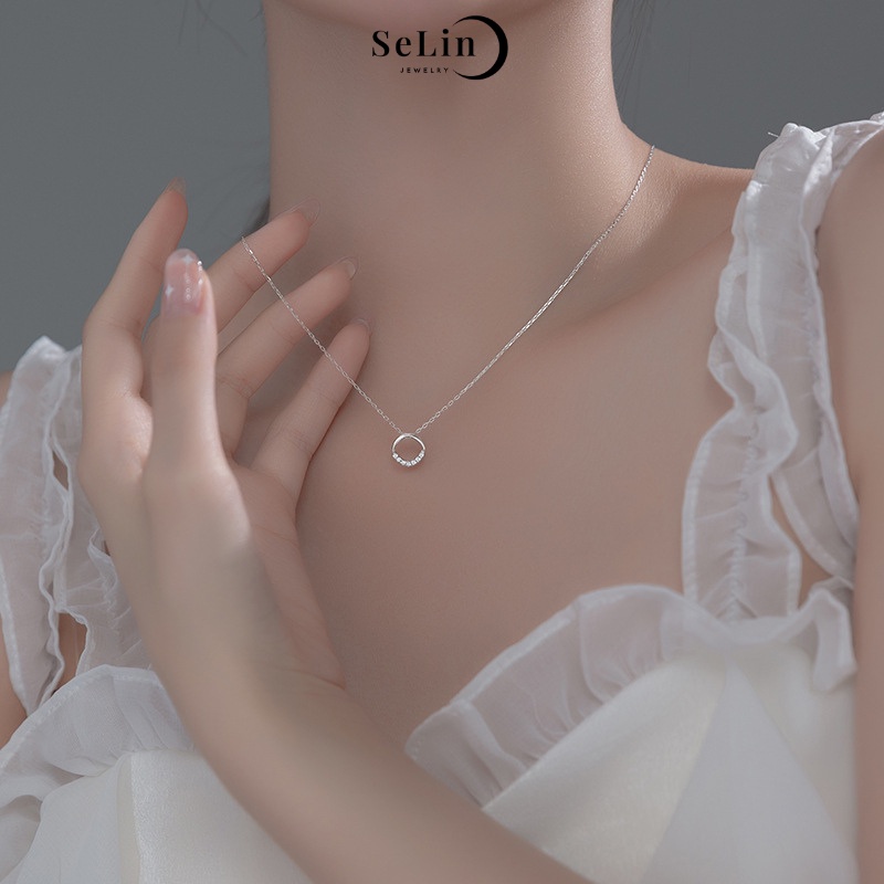 Dây chuyền vòng cổ bạc nữ 925 mặt tròn đính đá đơn giản cá tính SELIN JEWELRY
