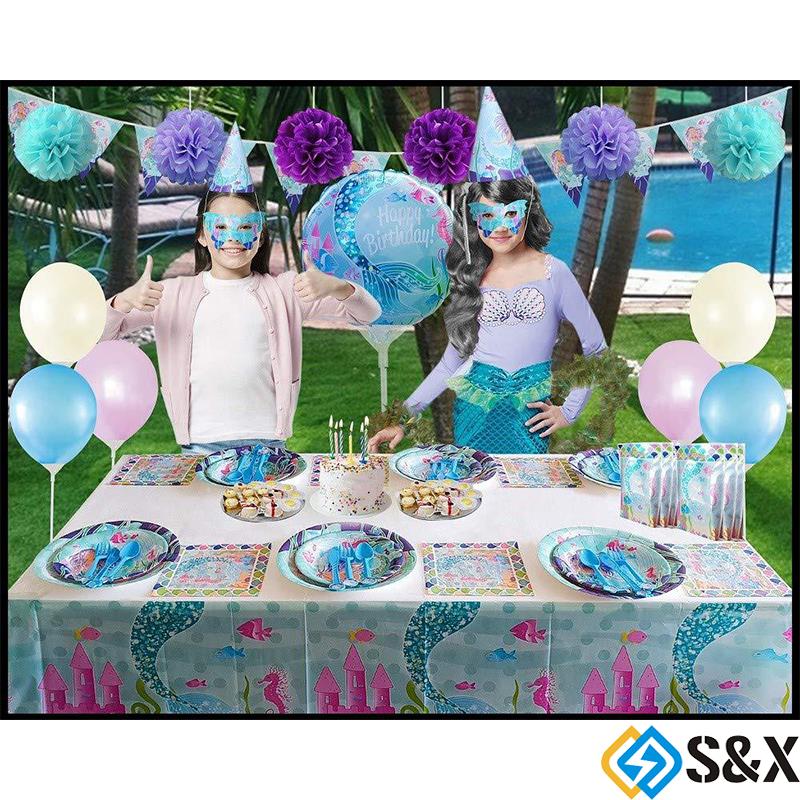 Mermaid Theme Party Supply Tableware Plates Cup Girl Birthday Decor Set / Baby Kids Children Birthday Party Tableware Hat Cups Plate Banner Set