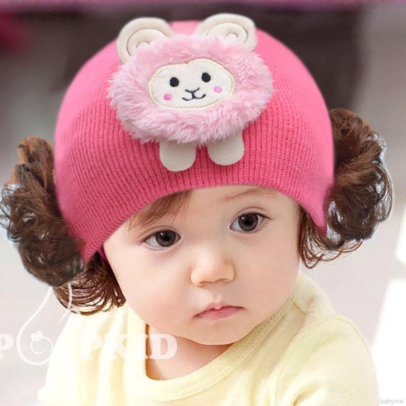 Mũ len gắn họa tiết dễ thương có 2 búi tóc giả cho bé 5-16 tháng tuổi
