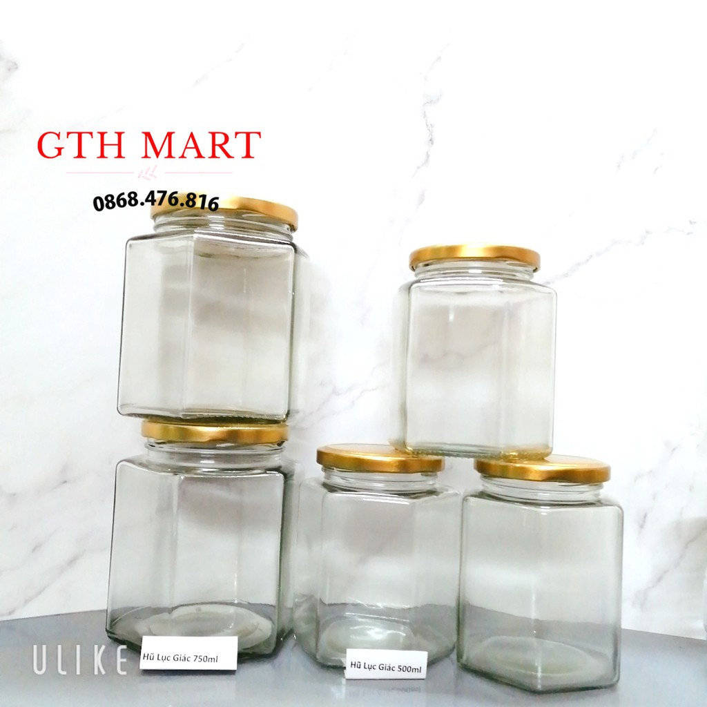 [NẮP Vàng] Hũ Thủy Tinh Lục Giác Đựng Mật Ong, Gia Vị Đủ Cỡ -GTH Mart