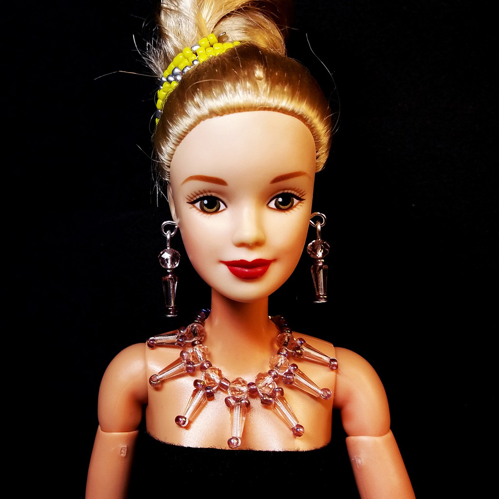 Phụ kiện Búp bê, Vòng cổ, bông tai Búp bê Barbie Handmade chất liệu pha lê, Bộ Trang sức mini tự làm