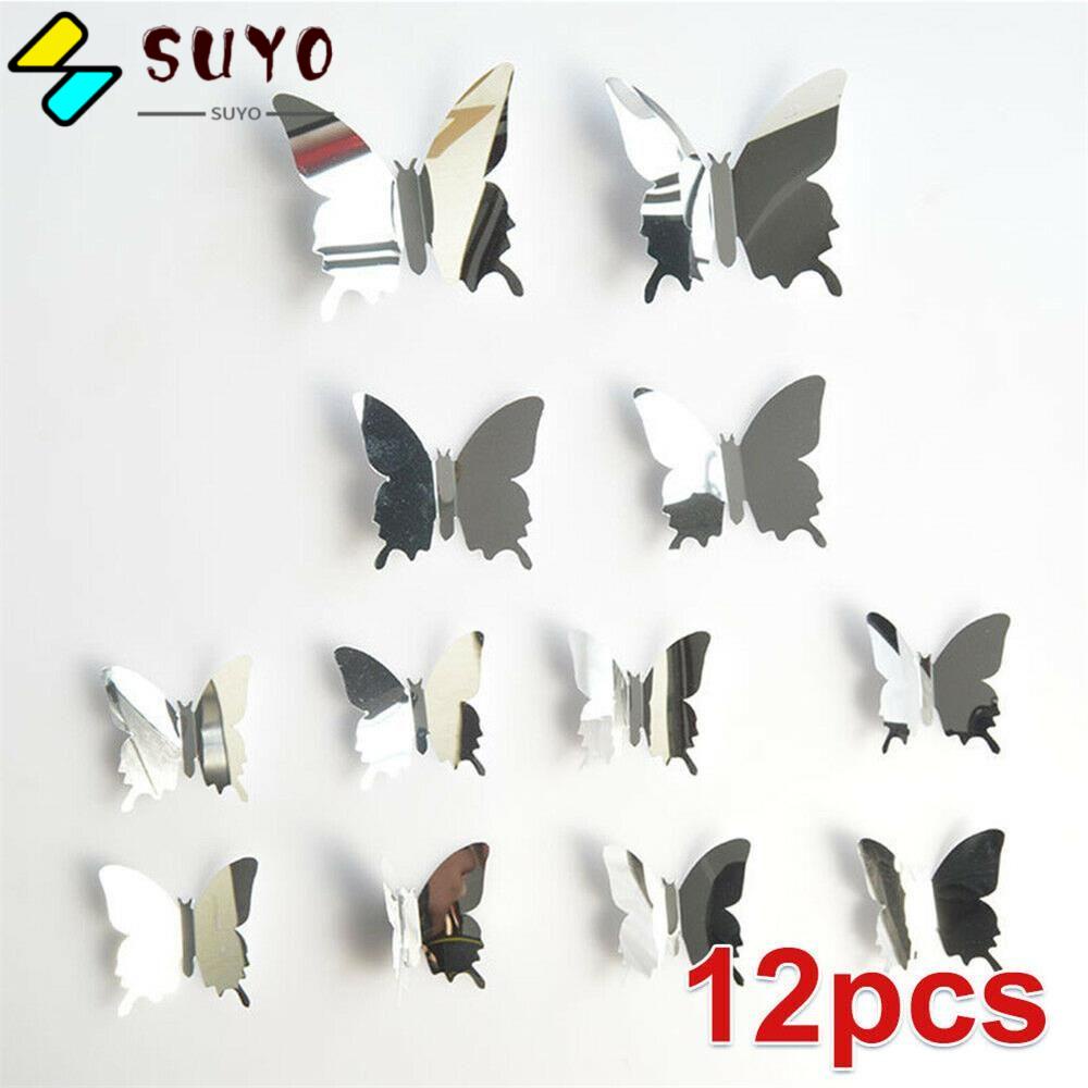 Bộ 12 miếng dán tường bằng PVC tráng gương hình bướm 3D nhiều màu trang trí nhà cửa