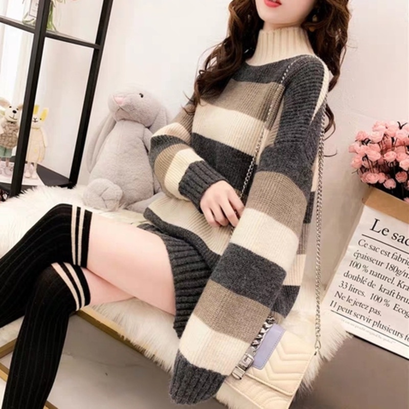 Áo len RENJIANVSHENG tay dài cổ lọ form rộng thời trang vintage