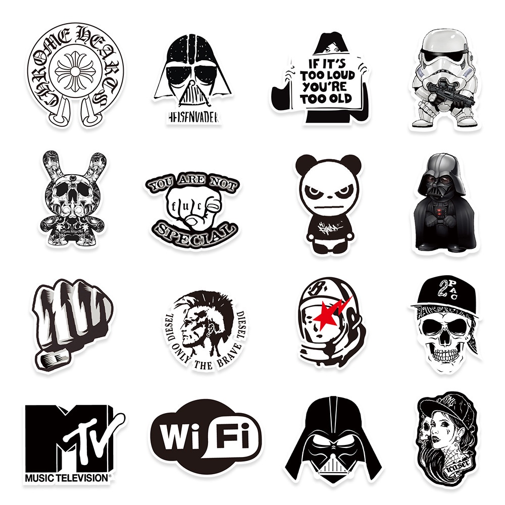 Set 100/50 miếng dán trắng đen chống thấm nước trang trí xe đạp/laptop/guitar/ván trượt