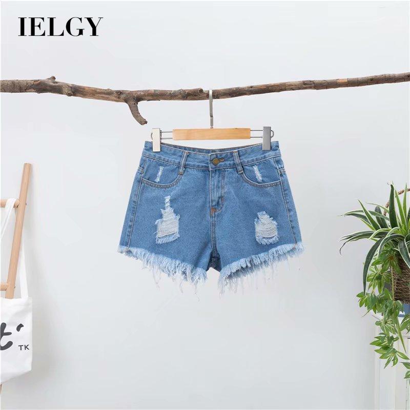 IELGY Quần short denim dáng chữ A ống rộng lưng cao thời trang cho nữ