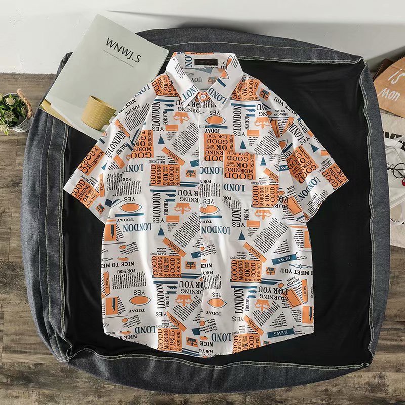 Men's street style English letter printed short-sleeved summer shirt