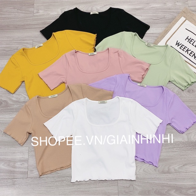 Áo kiểu ôm cổ vuông dáng croptop ngắn tay, Áo thun kiểu dáng ngắn cổ U vải cotton co giãn AK9095 - NhiNhiShop | BigBuy360 - bigbuy360.vn