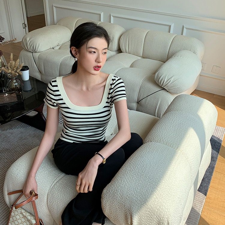 SUXI Áo Dệt Kim Tay Ngắn Cổ Vuông Dáng Rộng Họa Tiết Kẻ Sọc Thời Trang Mùa Hè Xinh Xắn Cho Nữ