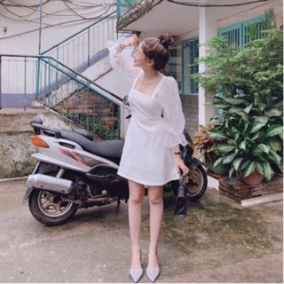 Đầm Cổ Vuông Tay Lưới Phồng Trơn 💕