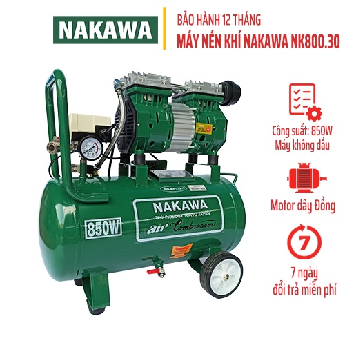 Máy nén khí không dầu 2 van xả NAKAWA NK800/30 công suất 850W, dung tích bình 30L