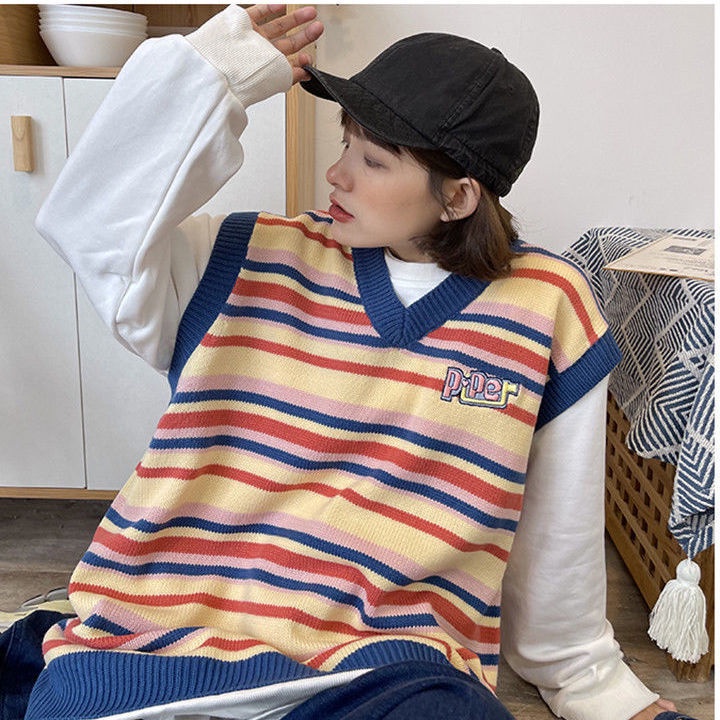 Áo Dệt Kim Sát Nách Cổ Chữ V Dáng Rộng Kẻ Sọc Ngang Màu Sắc Trẻ Trung Phong Cách Hàn Quốc Cho Bạn Gái