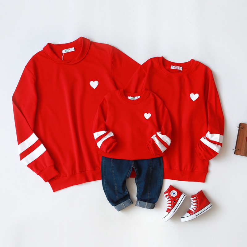 Áo Hoodie Gia Đình Familylove - Áo Hoodie Đỏ Sọc Tay Logo Trái tim Đẹp Chất Liệu Nỉ Da Cá Cao Cấp