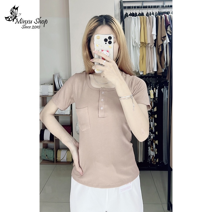 Áo thun nữ vải tăm cúc ngực, áo phông có túi ngực co giãn ôm body phong cách Hàn Quốc Minxu Shop ATD