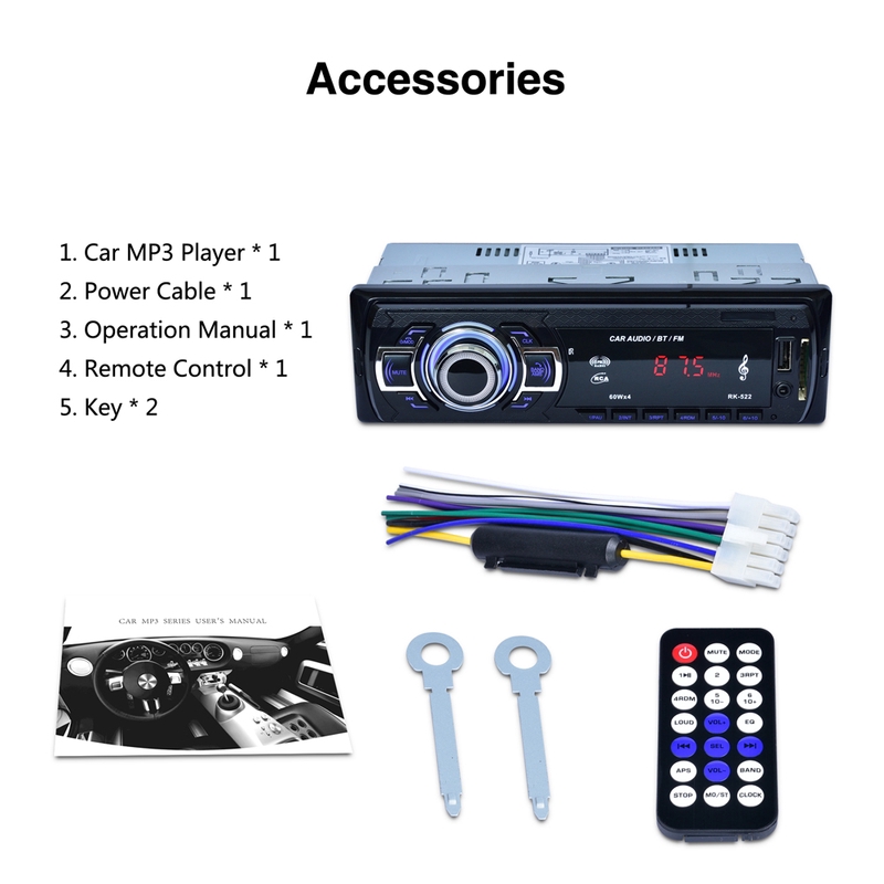 RK522 Đài phát thanh xe hơi Bluetooth kỹ thuật số Máy nghe nhạc MP3 USB / SD / AUX-IN / EQ / FM Radio