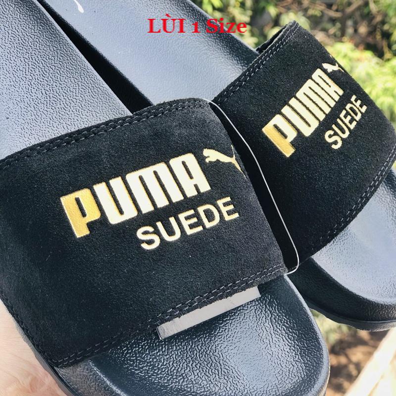 Dép unisex 𝐌𝐋𝐁 𝐏𝐔𝐌𝐀 ❤️FREESHIP + Hộp❤️ dép mlb bóng chày quai ngang thể thao nữ in PUMA da lộn, đen-logo-vàng