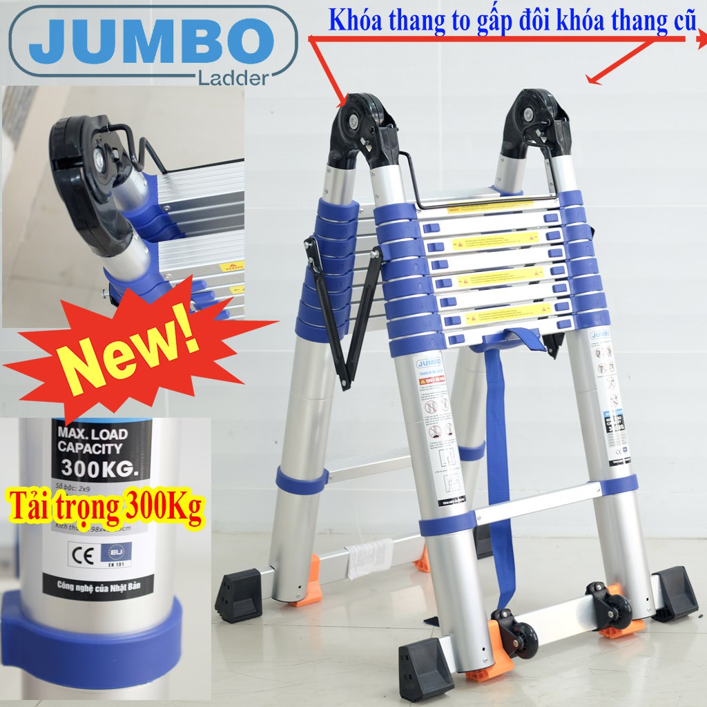 Thang nhôm rút xếp đôi chữ A Jumbo A190B,A220B,A250B,A280B NEW 2020 Thang nhôm rút gọn đa năng cao cấp đai xanh