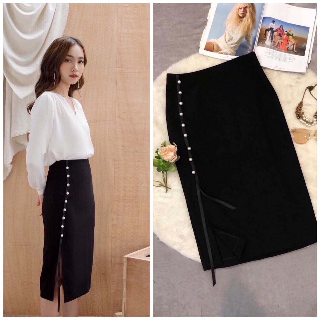 chân váy midi đính ngọc, chân váy bút chì công sở