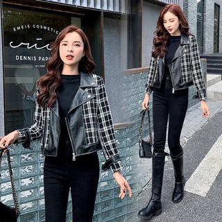 (SẴN) Áo dạ tweed cổ da phong cách Hàn Quốc