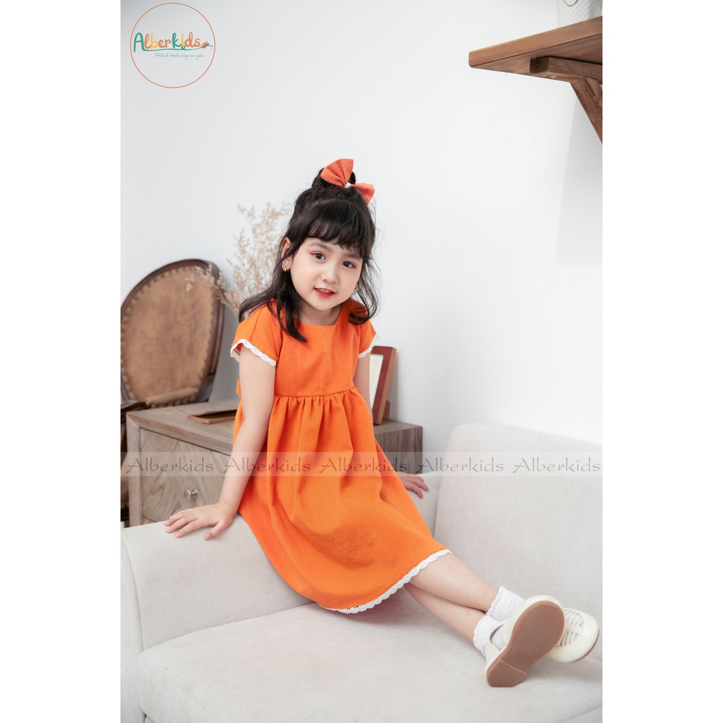 Váy cho bé gái ALBER KIDS màu cam phối viền ren Orange Dress chất liệu đũi lạnh mềm mát và thấm hút mồ hôi [V15]