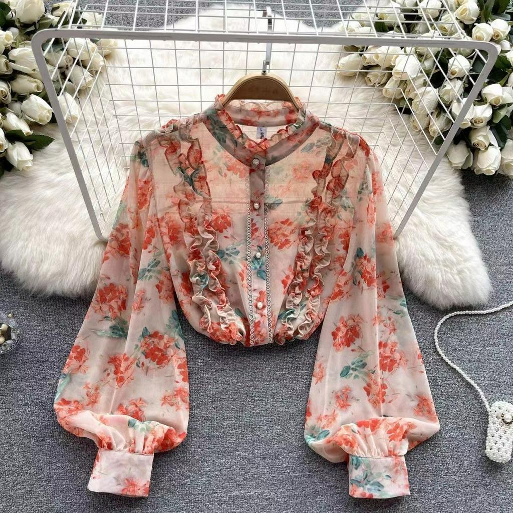 Áo Sơ Mi Chiffon Tay Dài Phối Bèo Họa Tiết Hoa Phong Cách Hàn Quốc Cho Nữ