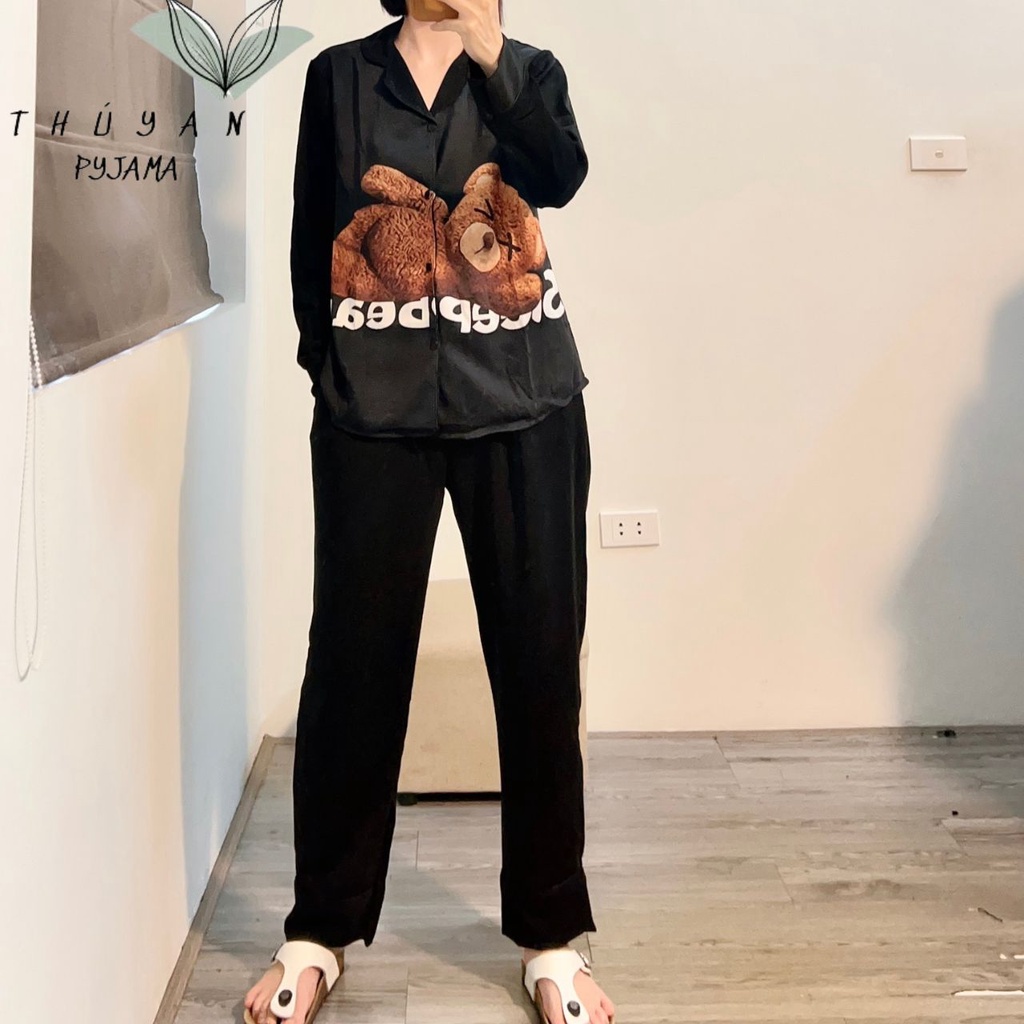 Bộ Pijama nữ bigsize gấu nâu tay dài chất lụa Mango ko nhăn dành cho nữ, mẹ bầu 40 - 90kg