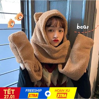 [ FREESHIP]🔥 Khăn Mũ Gấu Có Găng Tay 2 In 1 Tiện Lợi 🔥  Khăn Quàng Mũ Gấu Siêu Cute, Kèm Mũ Tai Gấu