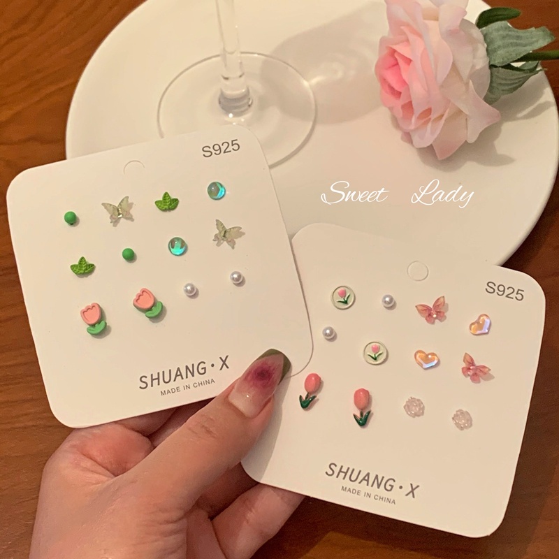 Set khuyên tai AY mạ bạc S925 thiết kế tulip hoa bướm đá pha lê nhân tạo nhiều màu sắc tùy chọn thời trang cho nữ