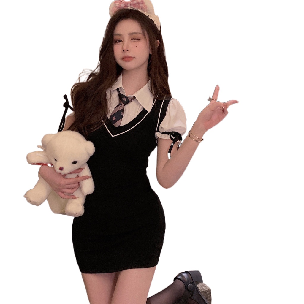 Đầm Perty cổ bẻ giả hai lớp phong cách Hàn Quốc dễ thương cho nữ