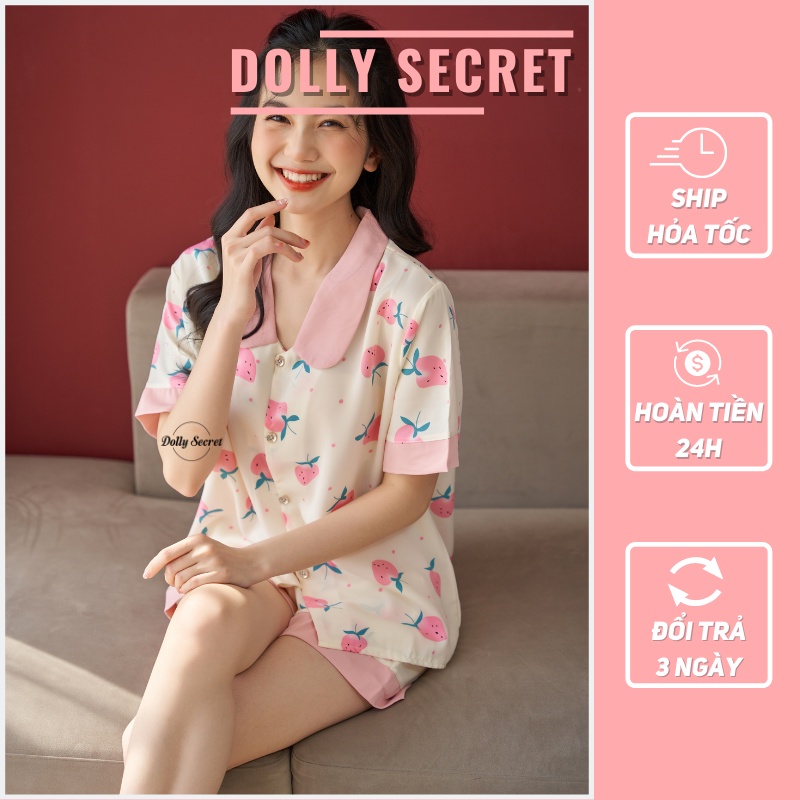 Bộ mặc nhà lụa mango cộc tay Pijama màu hồng đáng yêu họa tiết trái dâu dễ thương DOLLY SECRET CC06