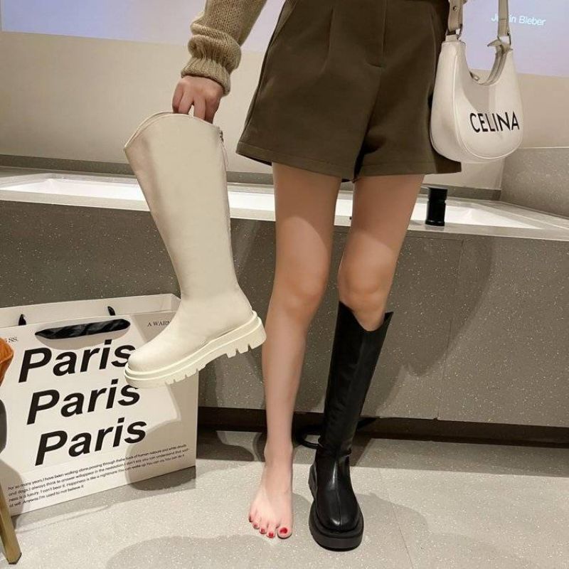 GIÀY BOOT ULZZANG ĐÙI CỔ VÁT ĐẾ BẰNG CÓ KHOÁ SAU GIÀY ULZZANG DA PU MỀM ❤️