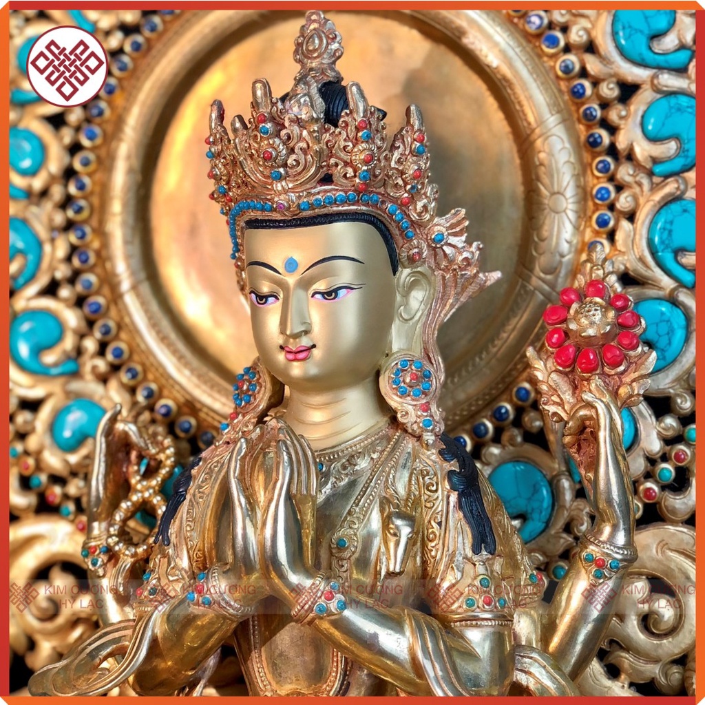 Tượng Phật Quan Âm Tứ Thủ Mật Tông [Kim Cương Hỷ Lạc] Nepal Cẩn Đá 33Cm
