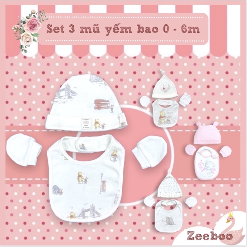 Set mũ + yếm + bao tay cho bé gái  bé trai từ sơ sinh đến 6 tháng, chất liệu cotton mềm mịn an toàn cho bé
