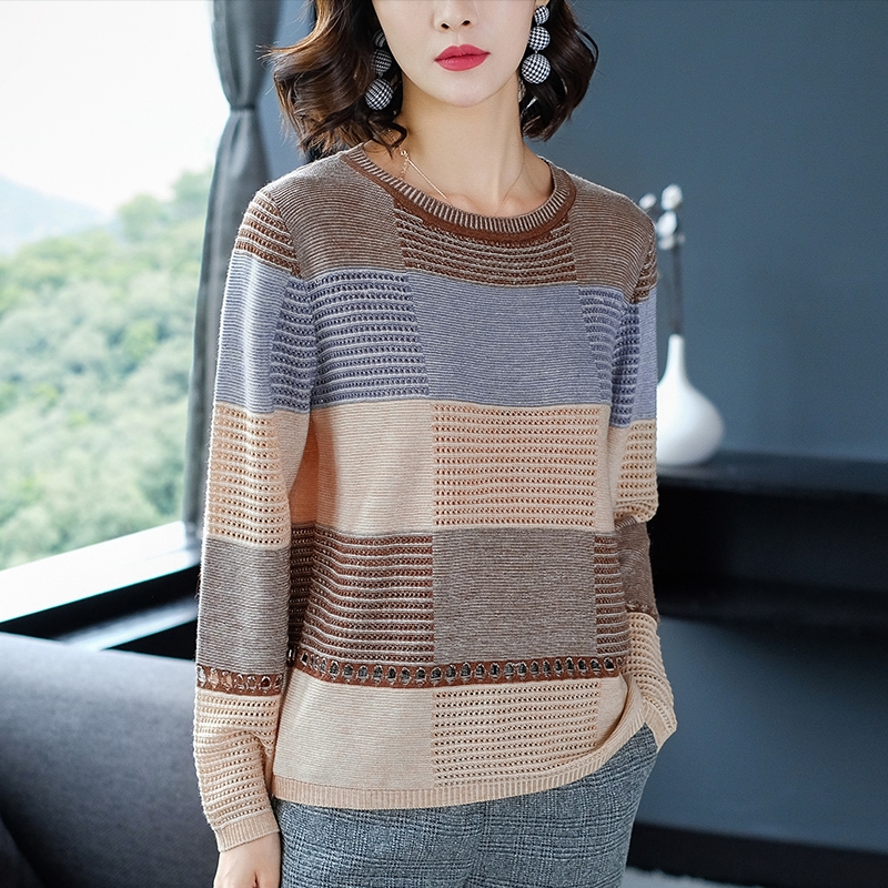 Autumn Women Knit Ice Silk Blouse Loose Bottoming Shirt Stripes Long Sleeves Tops Clothes | BigBuy360 - bigbuy360.vn