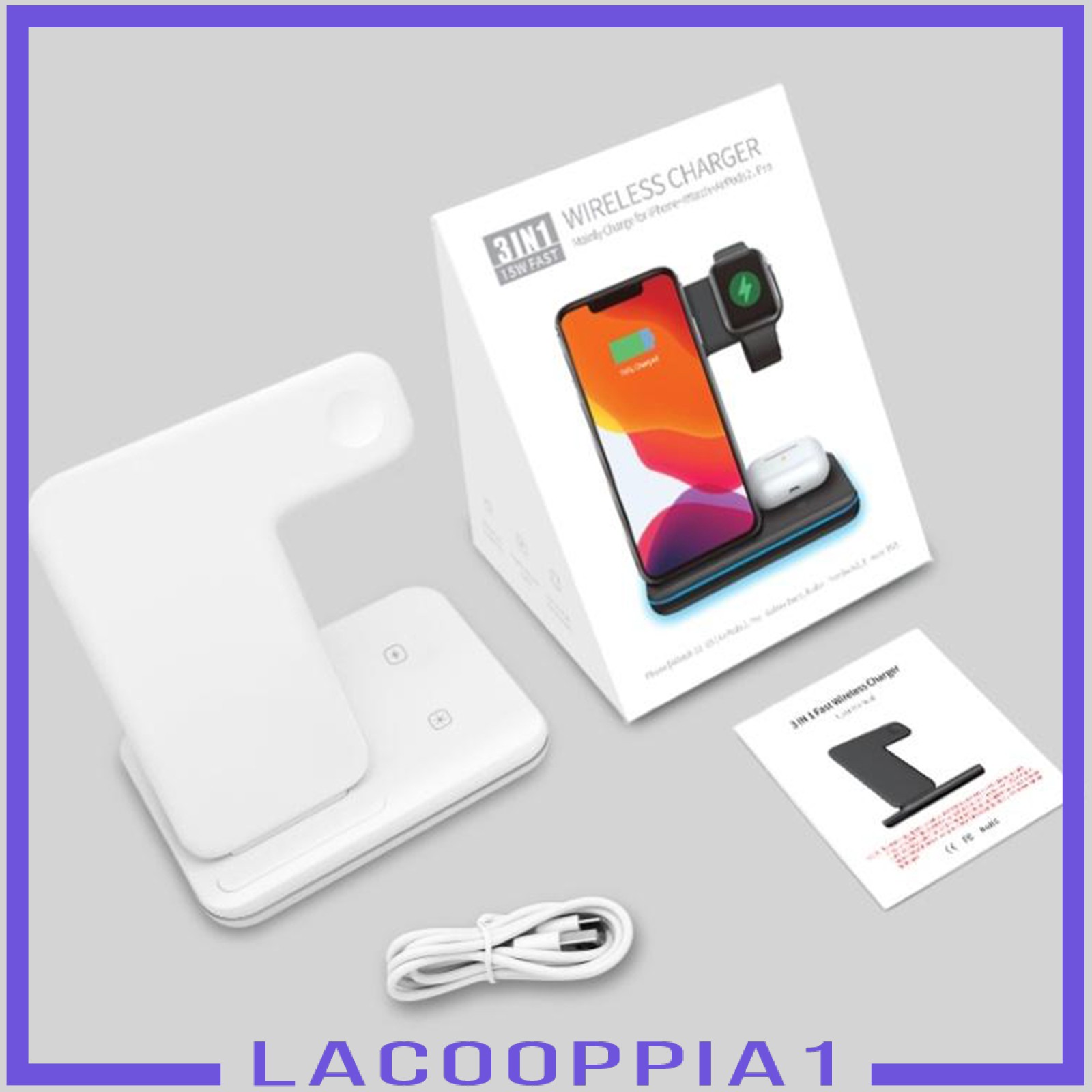 [LACOOPPIA1] 3 in 1 15W Wireless Fast Charging Station Charger Dock Stand for iPhone