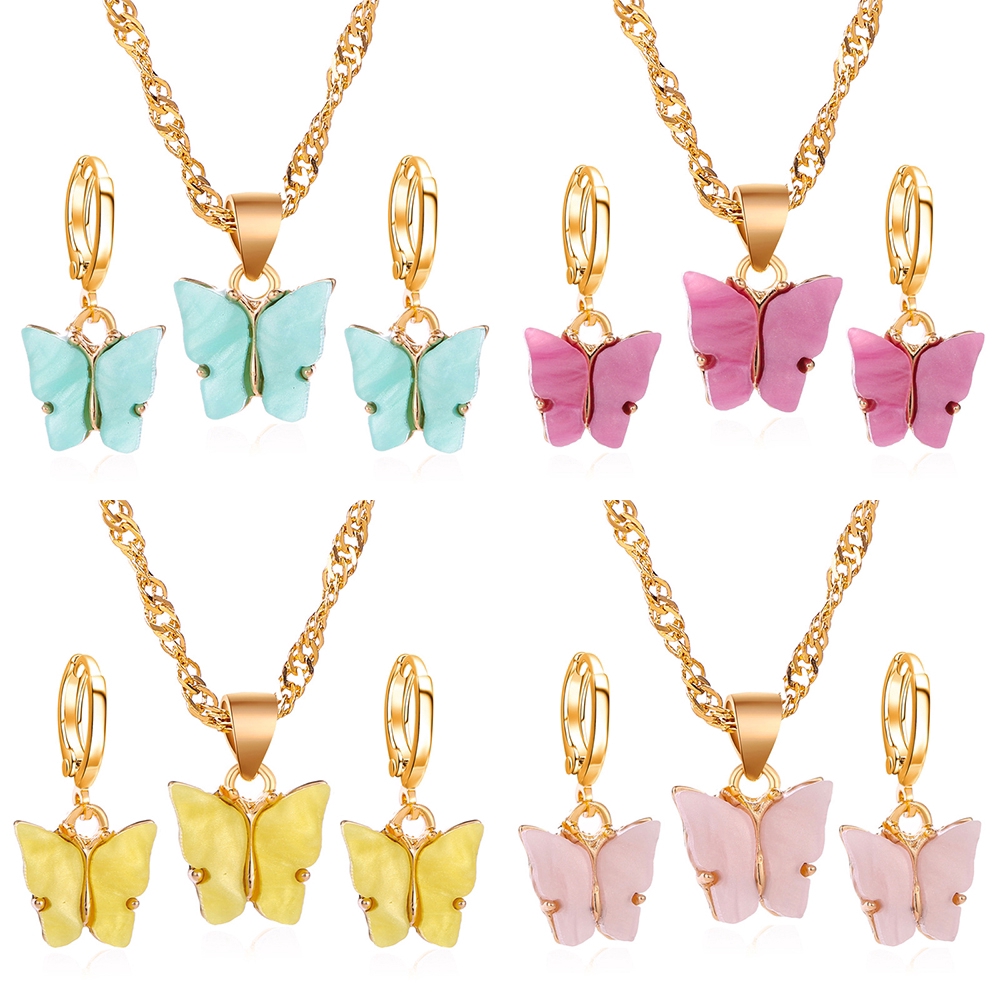 Bộ Khuyên Tai + Dây Chuyền Hishop Mặt Hình Cánh Bướm Nhiều Màu Sắc Tùy Chọn Phong Cách Hàn Quốc Xinh Xắn Cho Nữ