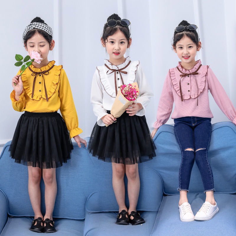 Áo sơ mi dày tay cổ nơ nhiều màu cho bé gái - Bản không cúc dưới  N01003