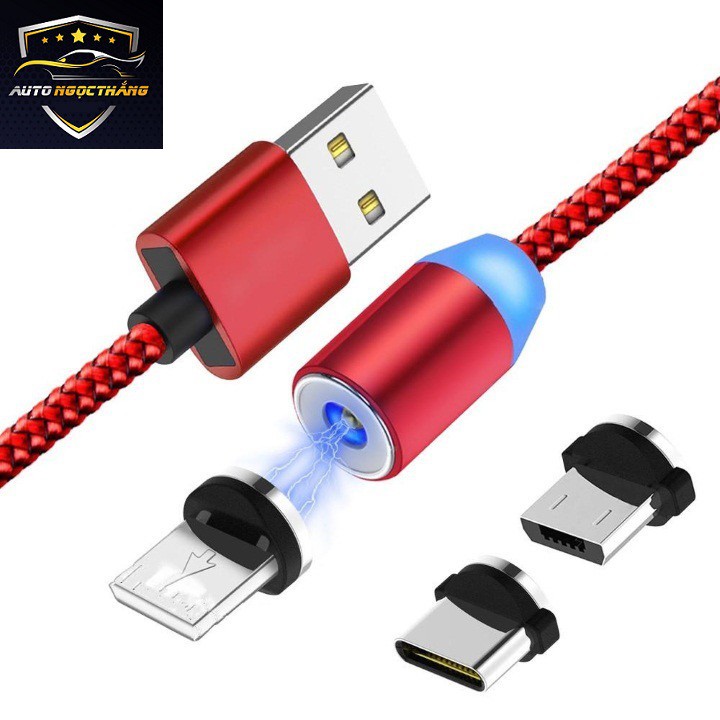 Cáp Sạc Nam Châm 3 Đầu SAMSUNG/IPHONE/TYPE C Dây Bọc Dù Siêu Bền Có Đen LED Cao Cấp, Tốc Độ Ổn Định