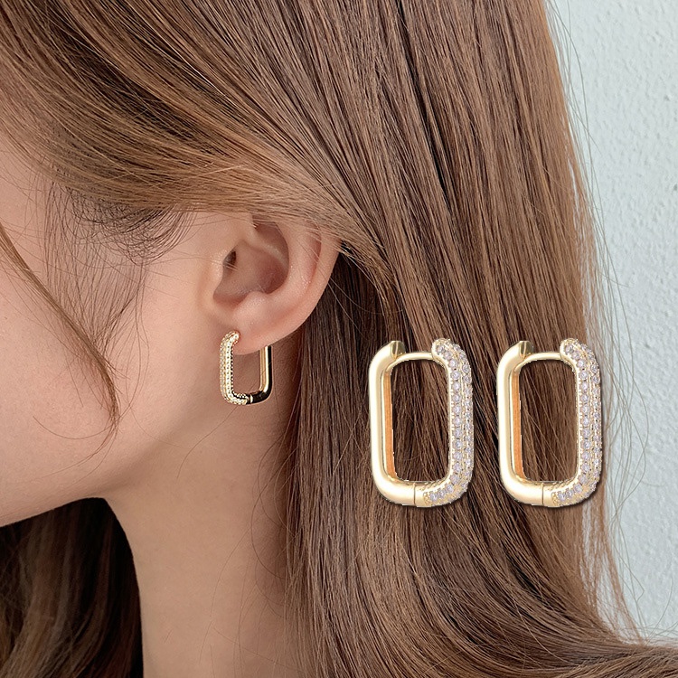 Bông Tai Mạ Vàng 14K Hình Chữ Nhật Đính Đá Zircon 3 Kích Cỡ Phong Cách Hàn Quốc Cho Nữ