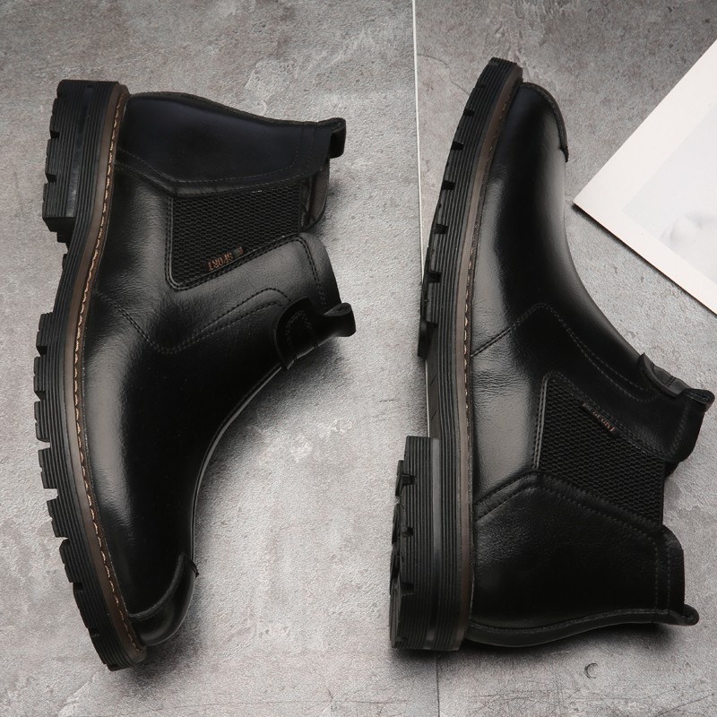 Giày da bò nam đế cao không dây, giày da bò thật cổ lửng dòng chelsea boot đế cao su đúc chống trơn tăng chiều cao