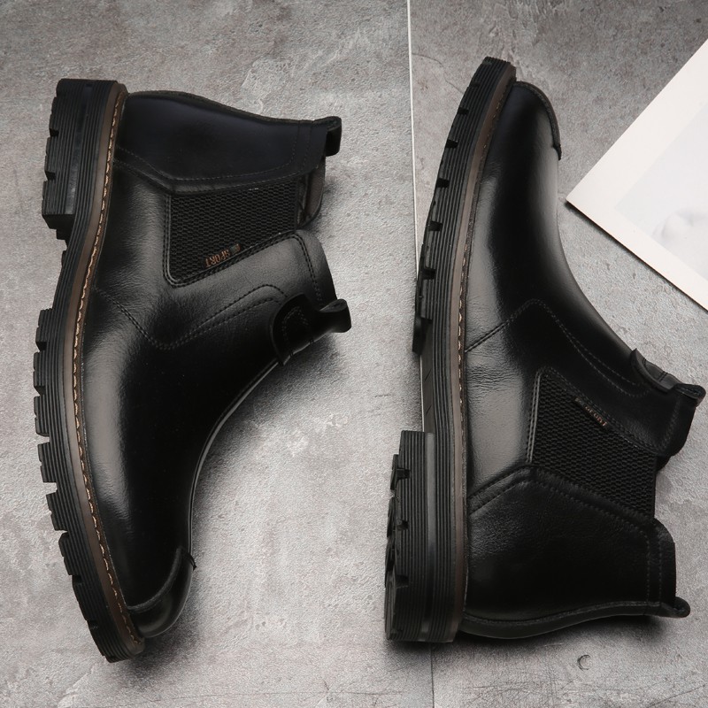 GIày da nam đế cao không dây, giày da bò thật cổ lửng dòng chelsea boot tăng chiều cao