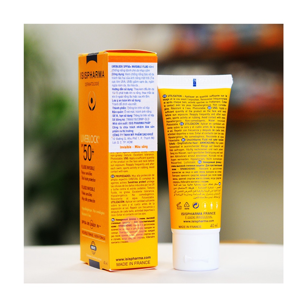 Kem chống nắng có màu dành cho da khô ISIS Pharma Uveblock SPF50+ Fluide Tinted 40ml ( Có màu )