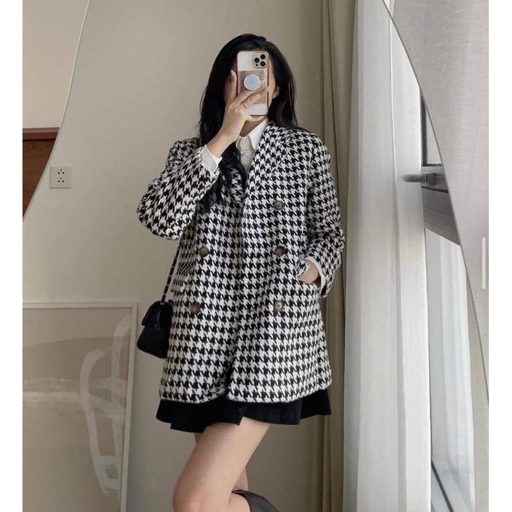 Áo khoác dạ hoạ tiết cổ vest 6 cúc hiện đại