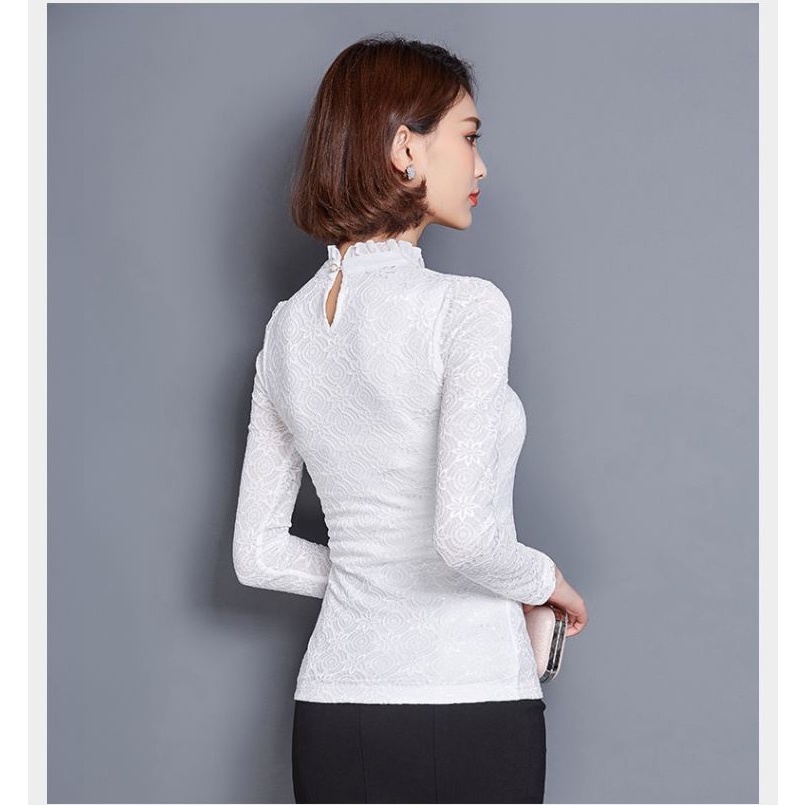 Áo kiểu nữ cổ trụ dài tay phối ren Ale09