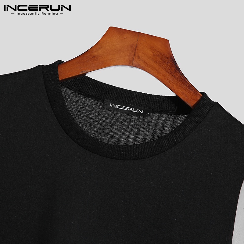 Áo croptop INCERUN tay dài cổ tròn phối lưới xuyên thấu cho nam