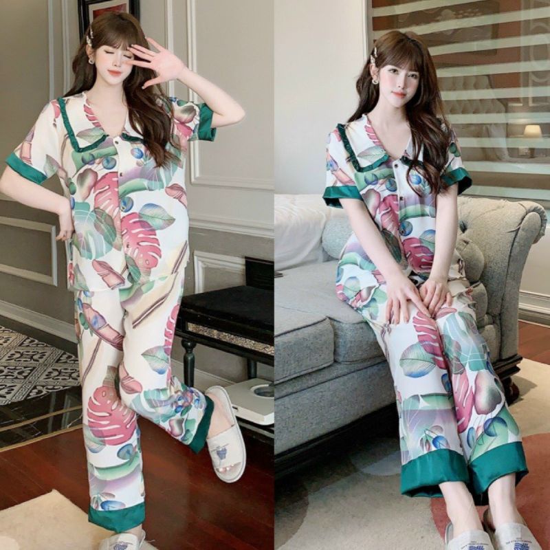 Bộ pijama tay ngắn quần dài cổ bèo tiểu thư lụa mango cao cấp