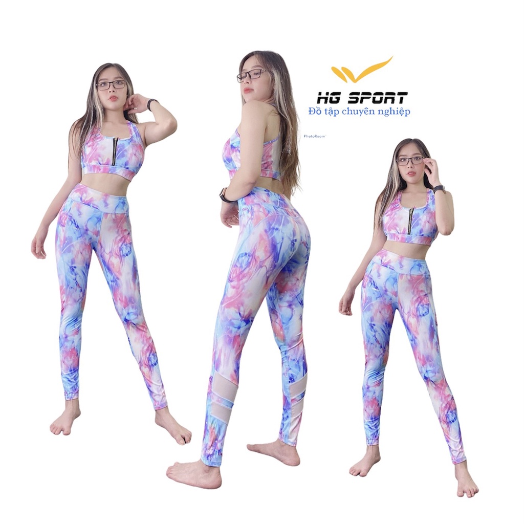 Bộ tập Gym, Yoga, Zumba, Aerobic nữ,quần dài áo bra  set kéo khoá phối lưới cao cấp Hg Sport SDBR05