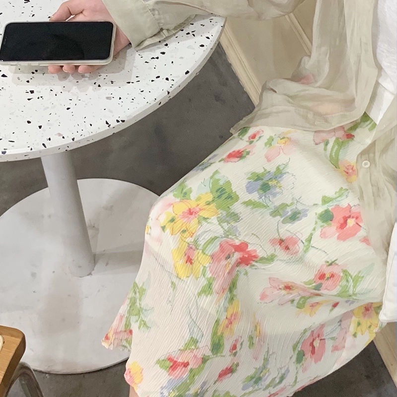 Chân Váy Hoa Gợn Sóng Nước Nhỏ Tươi Mới Chân Váy Dài Mỏng Nhẹ Co Giãn Thời Trang Xuân Hè